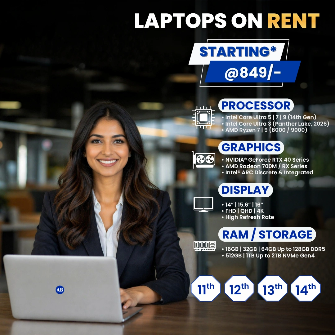 Laptops on rent — starting at ₹849/mo. Intel Core Ultra & Ryzen, RTX graphics, up to 4K display.